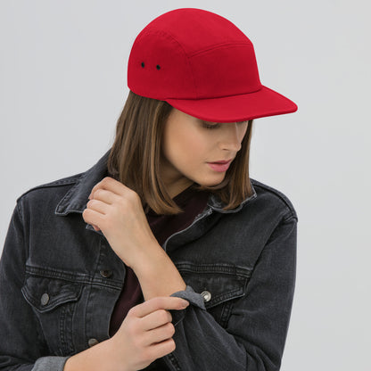 Classic HFT five-panel cap featuring a low profile fit, a nylon strap clip closure at the back with an adjustable strap, and a subtle HFT logo on the rear, set against a plain backdrop for a clean presentation red front