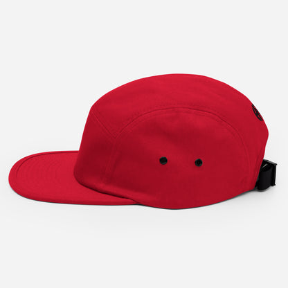 Classic HFT five-panel cap featuring a low profile fit, a nylon strap clip closure at the back with an adjustable strap, and a subtle HFT logo on the rear, set against a plain backdrop for a clean presentation red left