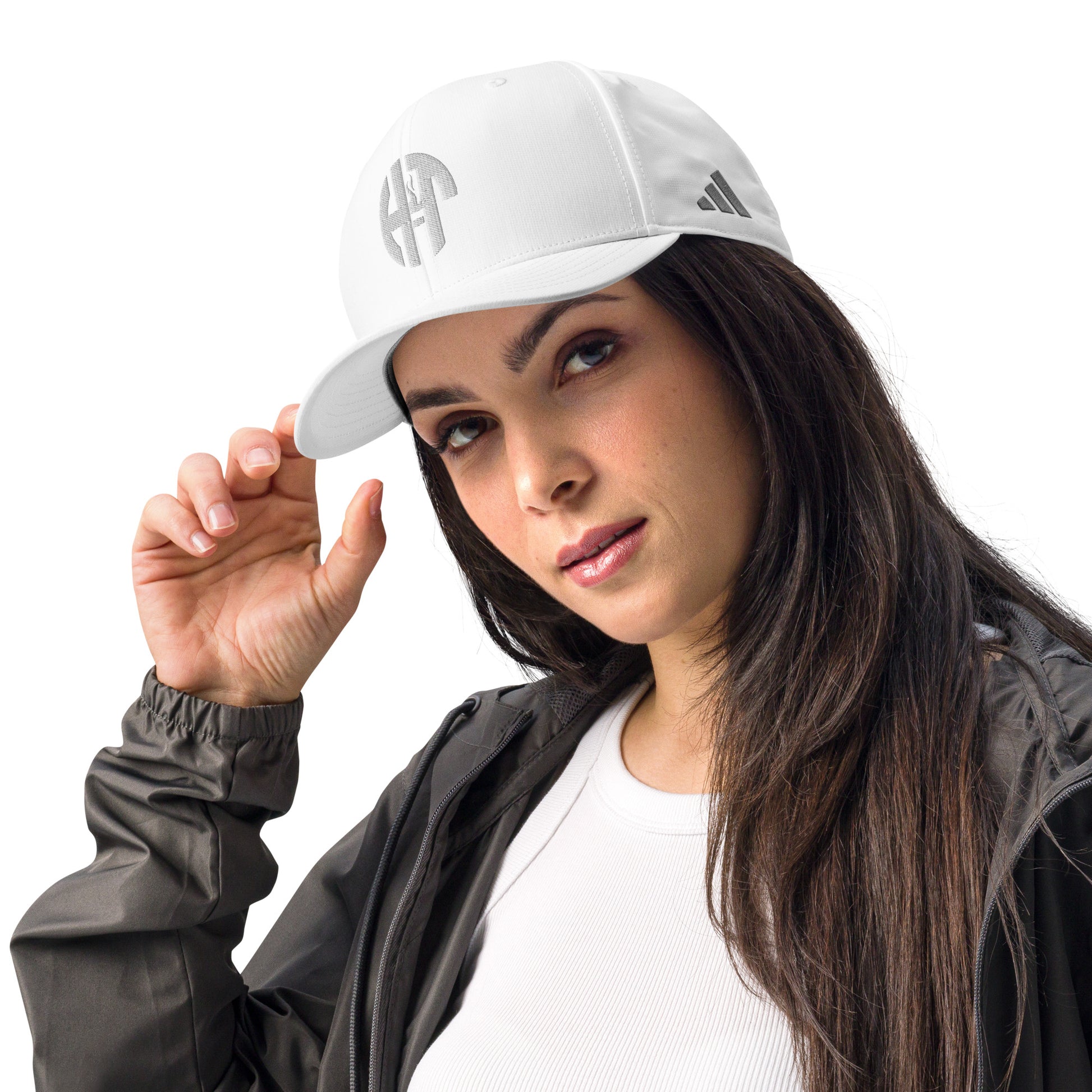 Adidas performance cap with moisture-wicking fabric and the iconic Adidas and HFT logo embroidered on the front for style and UPF 50+ protection white front