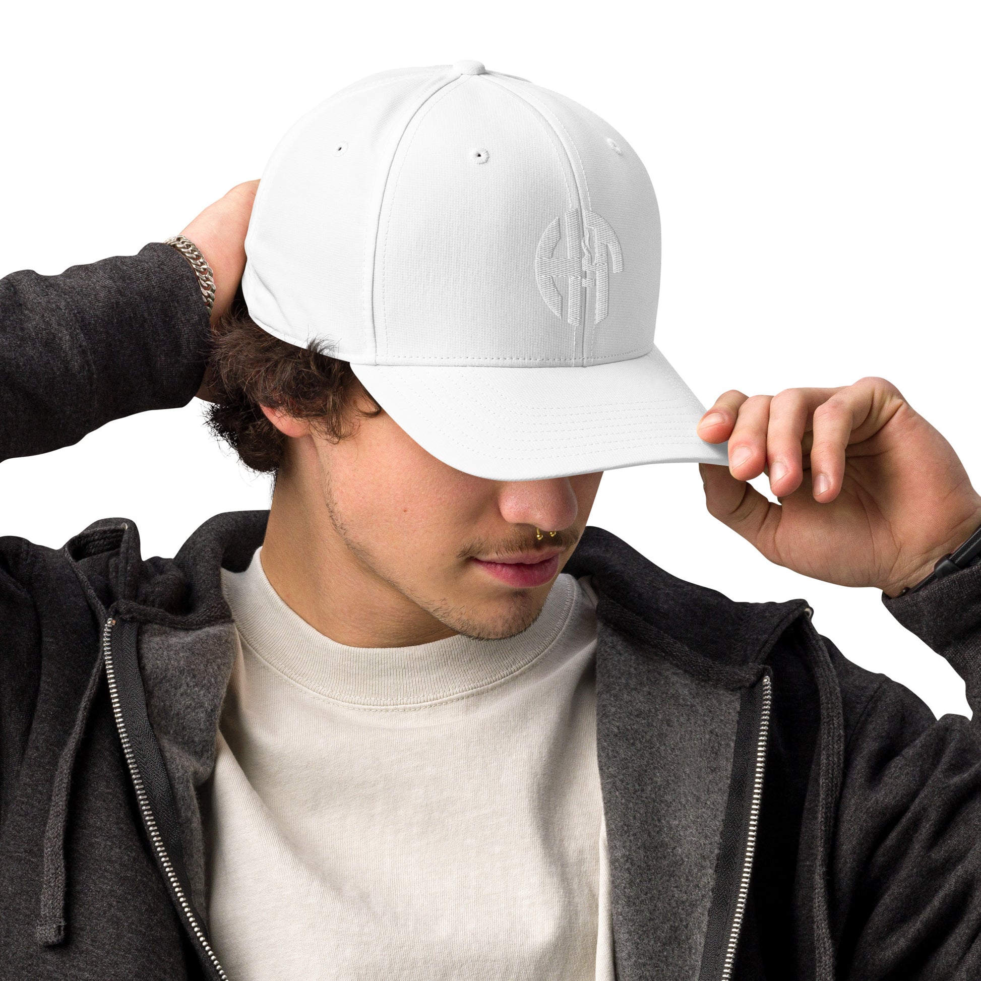 Adidas performance cap with moisture-wicking fabric and the iconic Adidas and HFT logo embroidered on the front for style and UPF 50+ protection white right