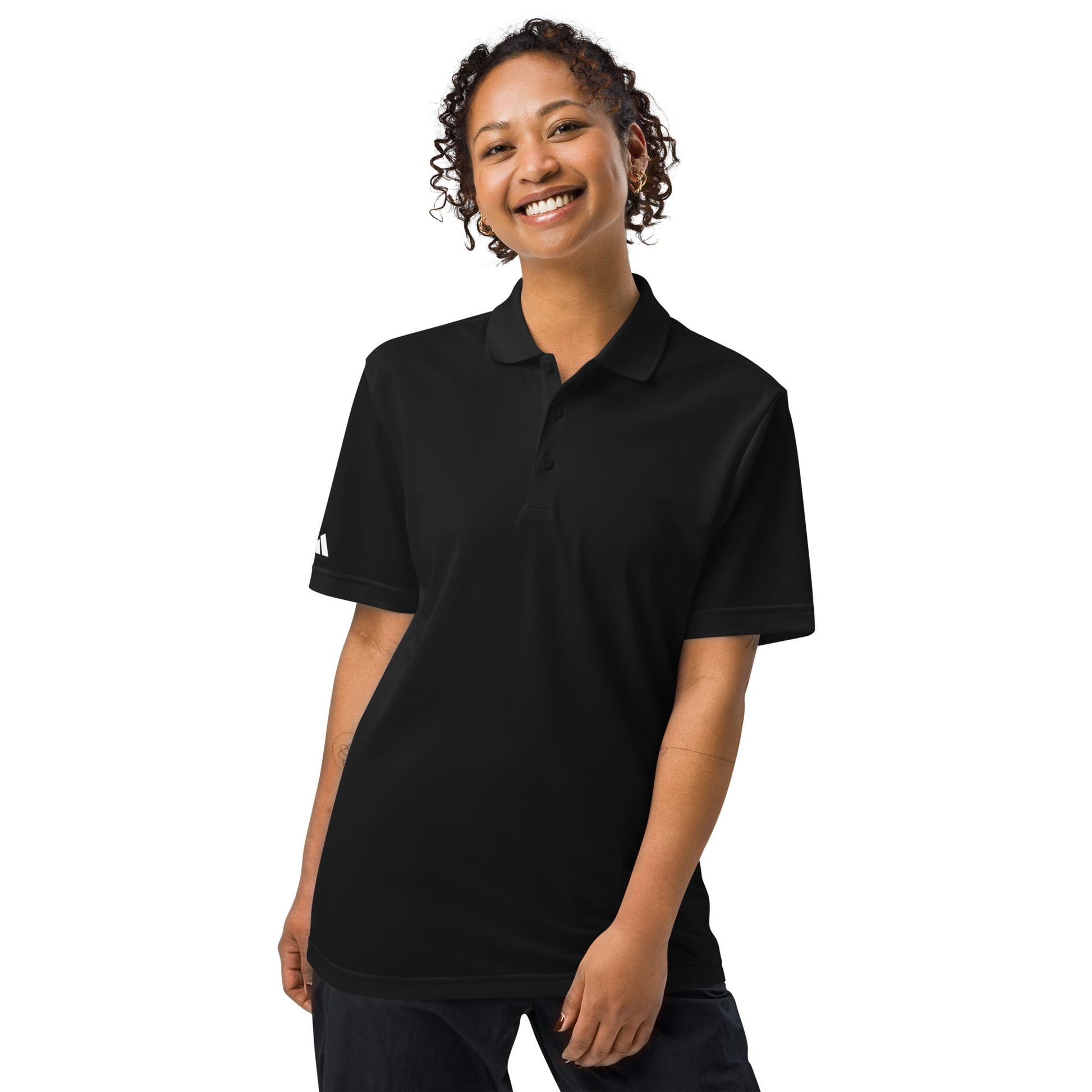 Classic navy Adidas sport polo shirt crafted from 100% recycled polyester piqué, with a sleek hydrophilic finish for cooler comfort and an athletic fit suited for sports and leisure black front