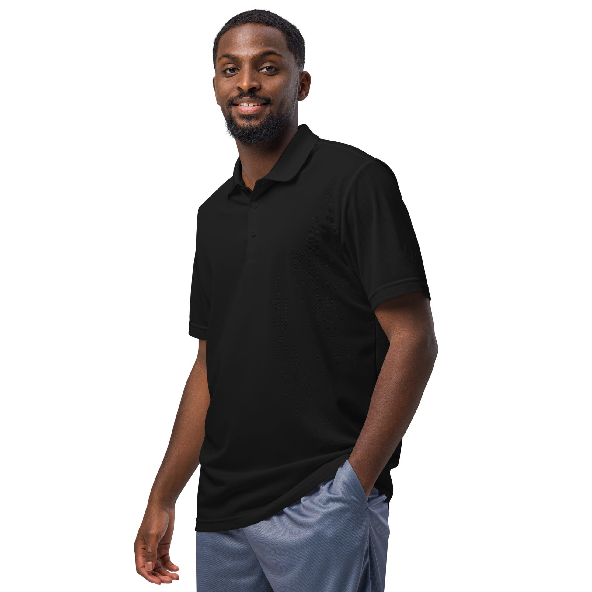 Classic navy Adidas sport polo shirt crafted from 100% recycled polyester piqué, with a sleek hydrophilic finish for cooler comfort and an athletic fit suited for sports and leisure black