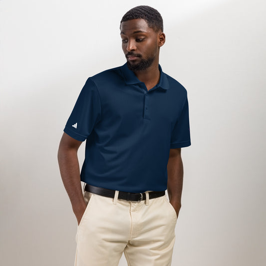 Classic navy Adidas sport polo shirt crafted from 100% recycled polyester piqué, with a sleek hydrophilic finish for cooler comfort and an athletic fit suited for sports and leisure navy front