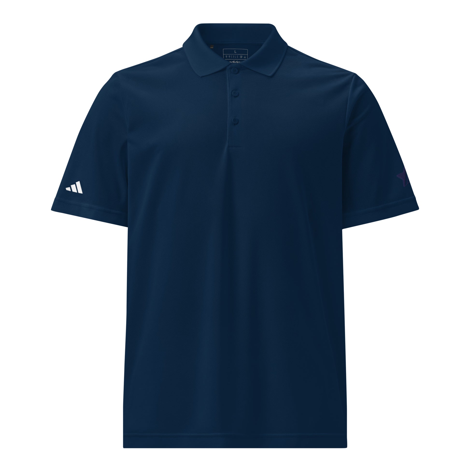 Classic navy Adidas sport polo shirt crafted from 100% recycled polyester piqué, with a sleek hydrophilic finish for cooler comfort and an athletic fit suited for sports and leisure navy front