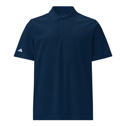 Classic navy Adidas sport polo shirt crafted from 100% recycled polyester piqué, with a sleek hydrophilic finish for cooler comfort and an athletic fit suited for sports and leisure navy front