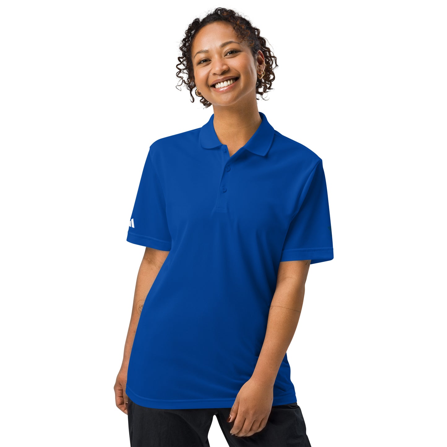 Classic navy Adidas sport polo shirt crafted from 100% recycled polyester piqué, with a sleek hydrophilic finish for cooler comfort and an athletic fit suited for sports and leisure collegiate royal  female