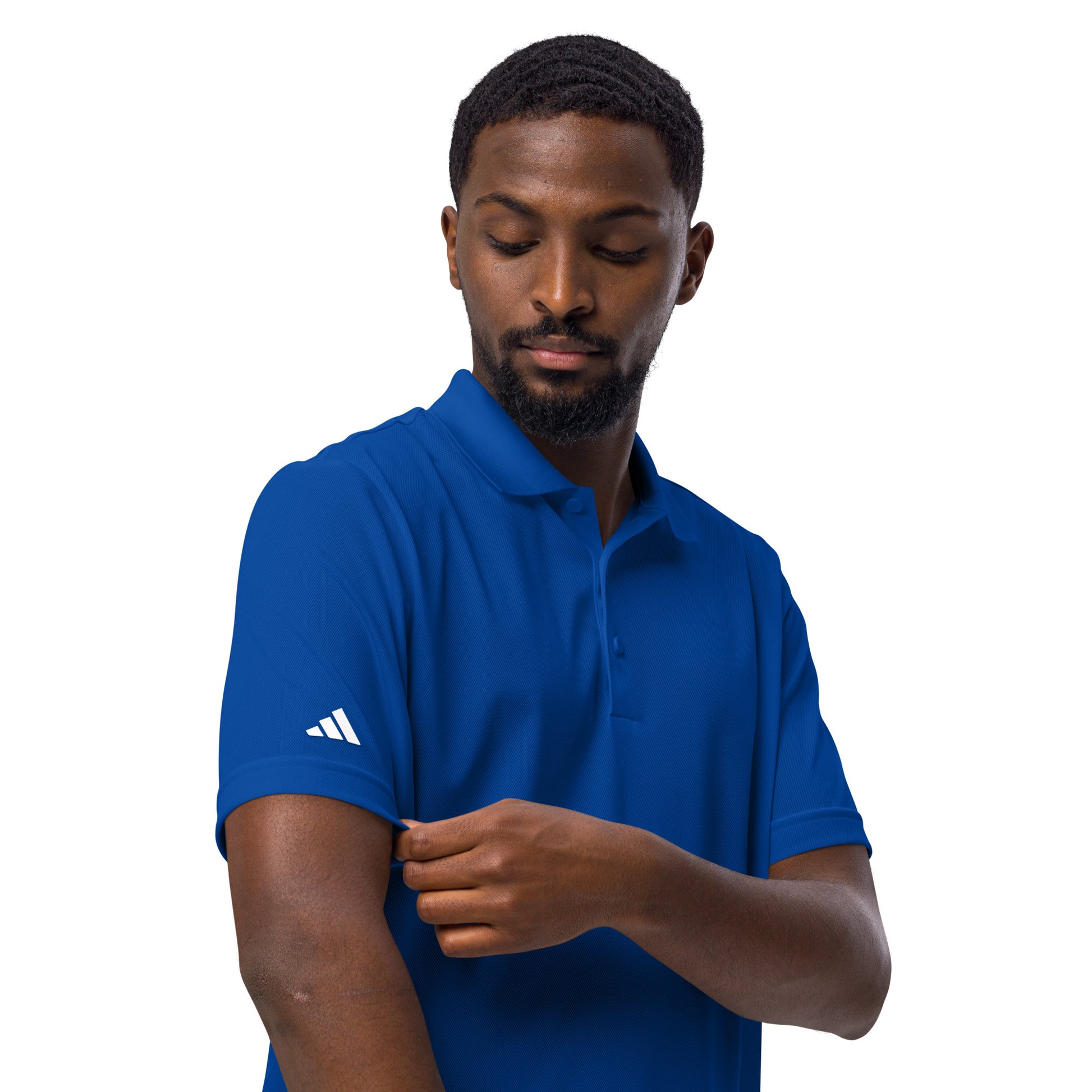 Classic navy Adidas sport polo shirt crafted from 100% recycled polyester piqué, with a sleek hydrophilic finish for cooler comfort and an athletic fit suited for sports and leisure collegiate royal  right front