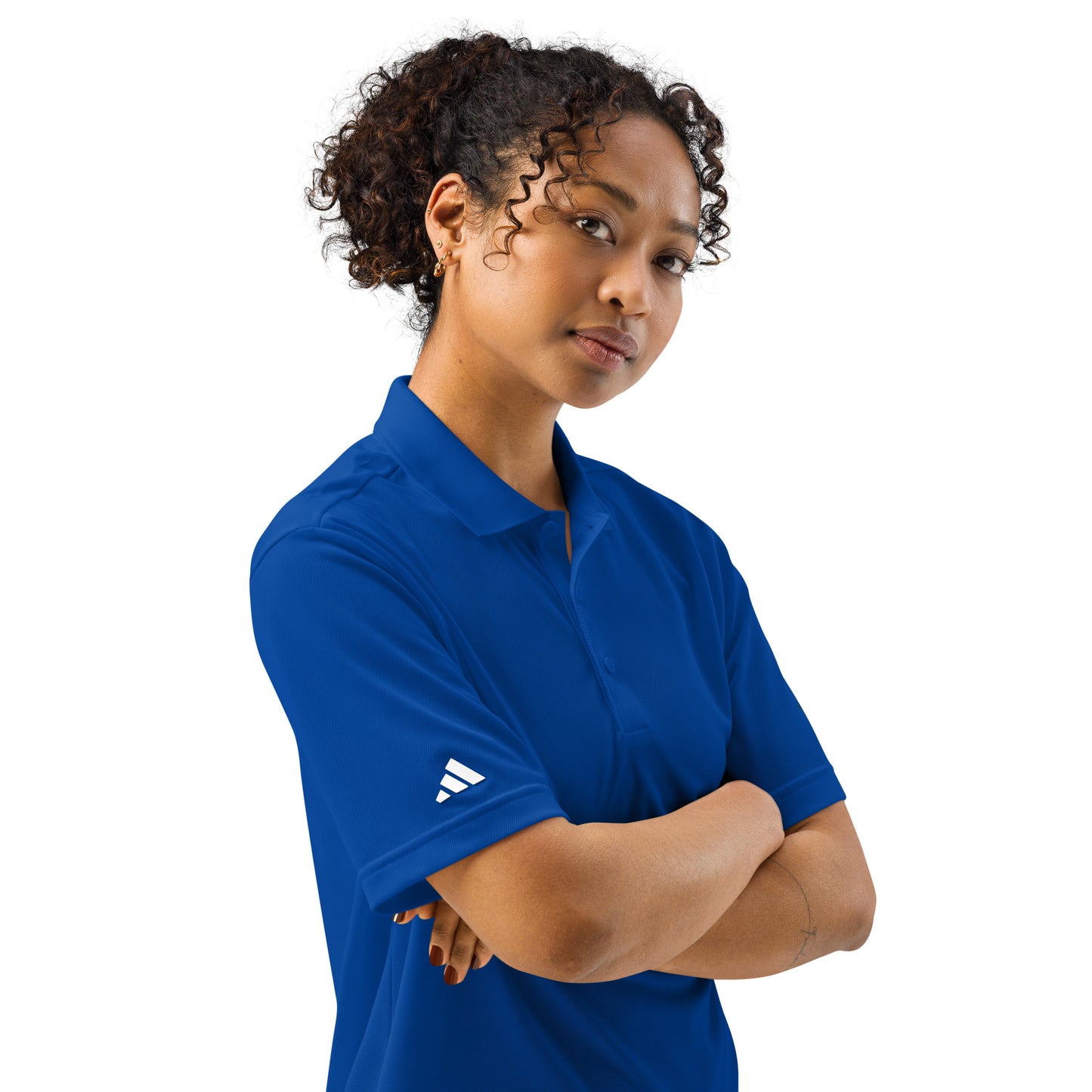 Classic navy Adidas sport polo shirt crafted from 100% recycled polyester piqué, with a sleek hydrophilic finish for cooler comfort and an athletic fit suited for sports and leisure collegiate royal 