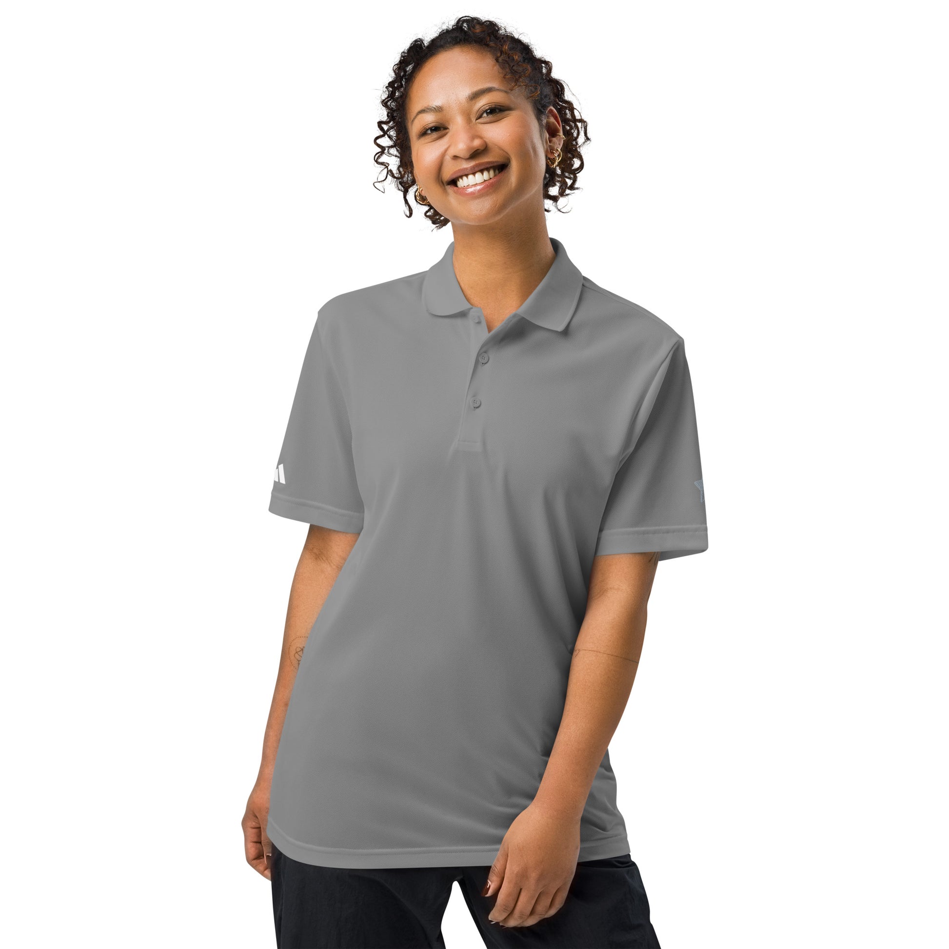 Classic navy Adidas sport polo shirt crafted from 100% recycled polyester piqué, with a sleek hydrophilic finish for cooler comfort and an athletic fit suited for sports and leisure grey three front female