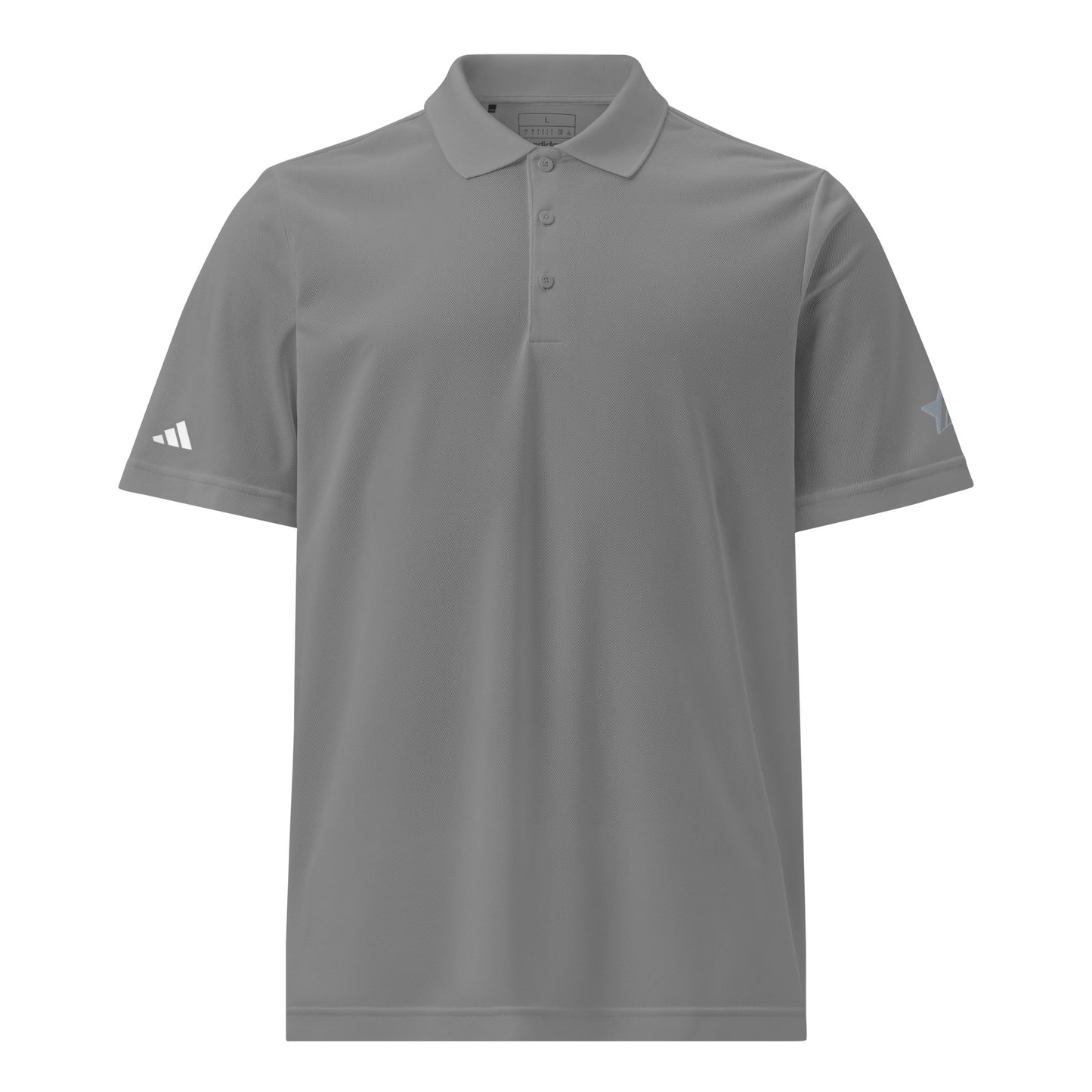 Classic navy Adidas sport polo shirt crafted from 100% recycled polyester piqué, with a sleek hydrophilic finish for cooler comfort and an athletic fit suited for sports and leisure grey three front