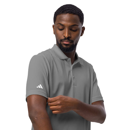 Classic navy Adidas sport polo shirt crafted from 100% recycled polyester piqué, with a sleek hydrophilic finish for cooler comfort and an athletic fit suited for sports and leisure grey three front right