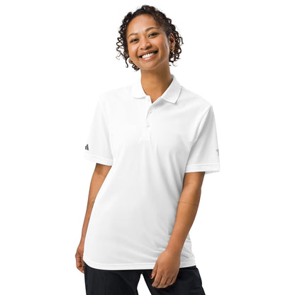 Classic navy Adidas sport polo shirt crafted from 100% recycled polyester piqué, with a sleek hydrophilic finish for cooler comfort and an athletic fit suited for sports and leisure white female