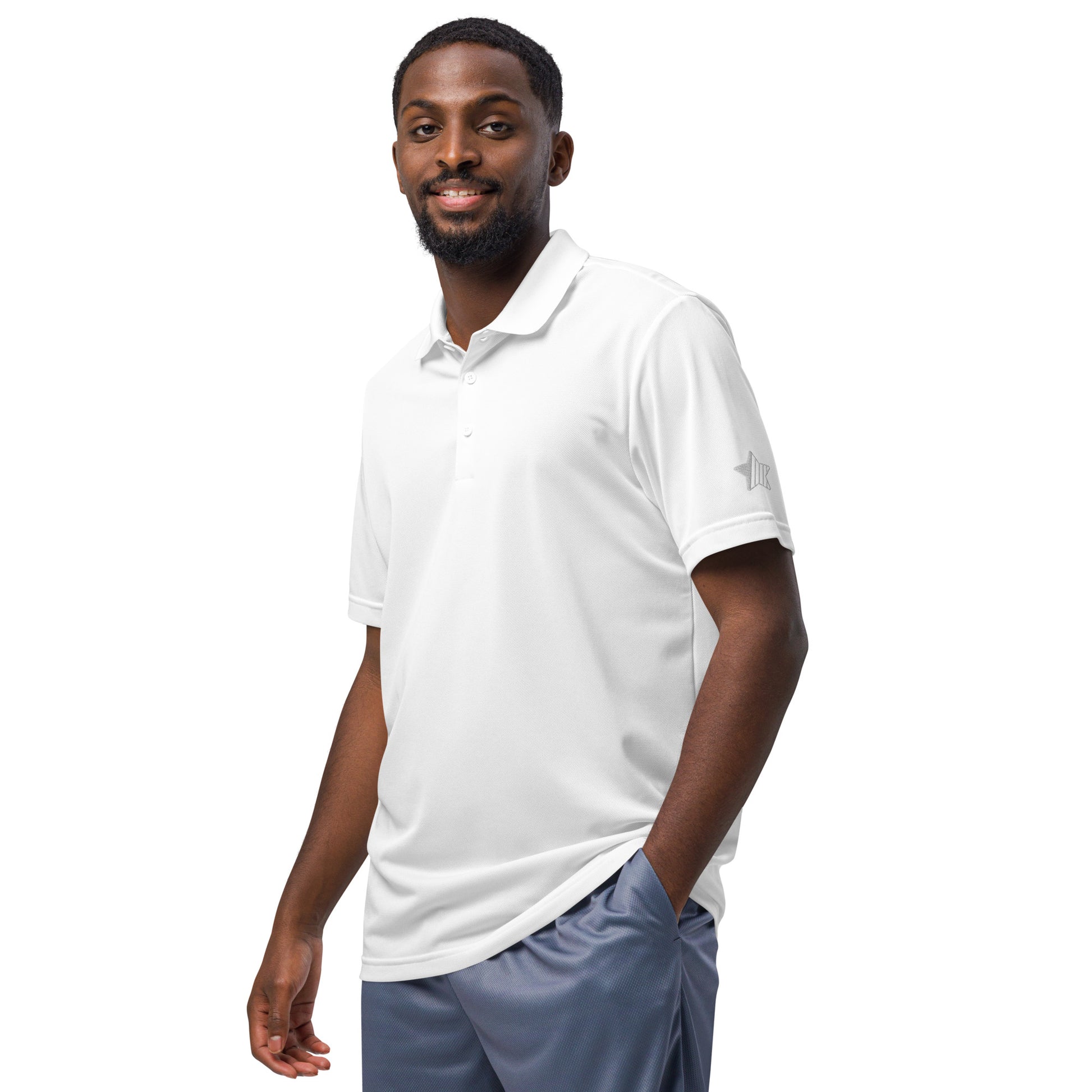 Classic navy Adidas sport polo shirt crafted from 100% recycled polyester piqué, with a sleek hydrophilic finish for cooler comfort and an athletic fit suited for sports and leisure white 