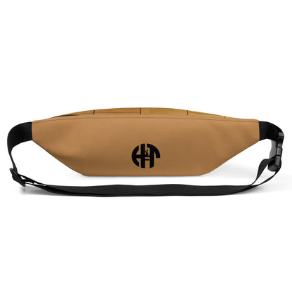 Stylish HFT Fanny Pack III in camel brown with a black abstract design, featuring a large zippered compartment and a durable, adjustable black strap, against a clear background back