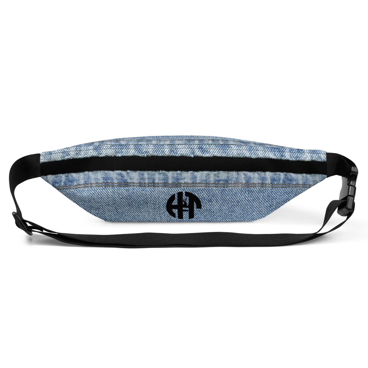 Classic blue denim HFT Fanny Pack IV with durable black zip and adjustable strap, showcasing a timeless design with a casual aesthetic, against a white background back