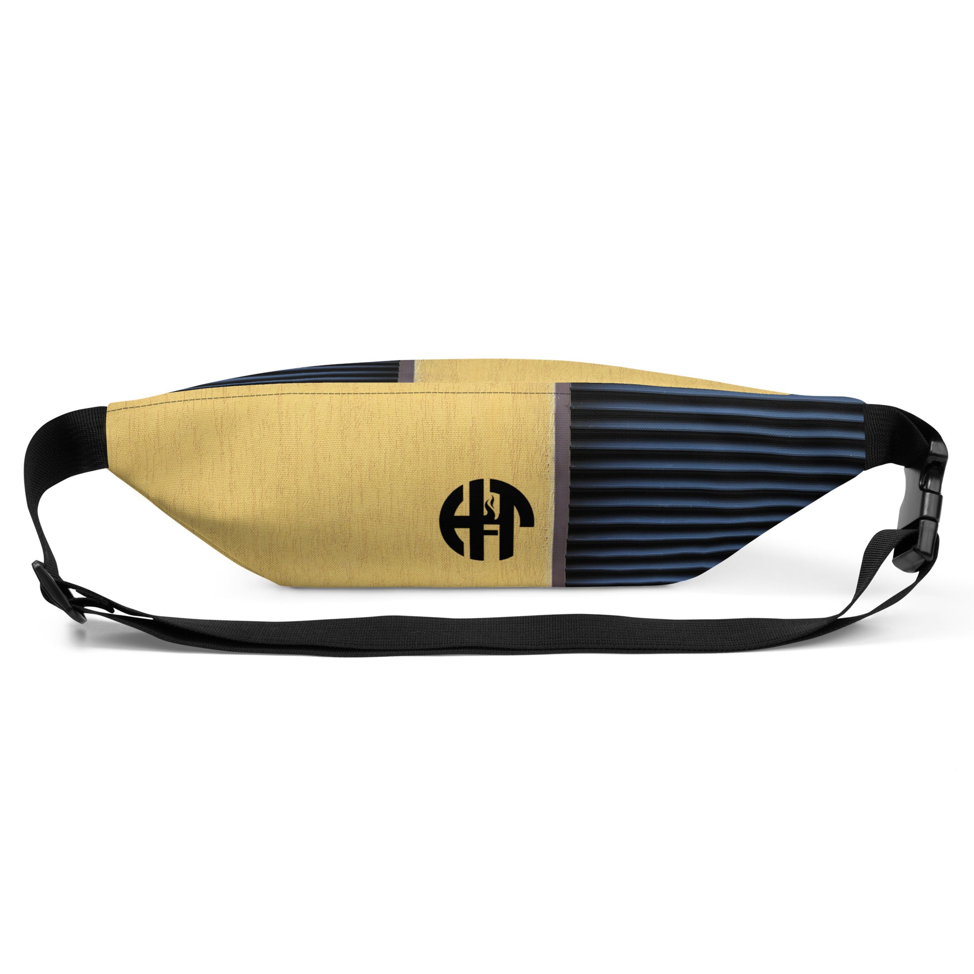 Stylish HFT Fanny Pack V with adjustable straps featuring a mustard-yellow canvas front, navy-blue pleated detail, and the HFT logo on the back back