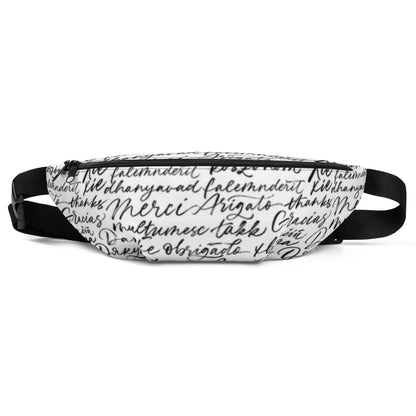 Stylish HFT Fanny Pack with adjustable black straps and a multilingual 'thank you' script pattern in a handwritten font on a white background, featuring a zippered compartment and a compact design front