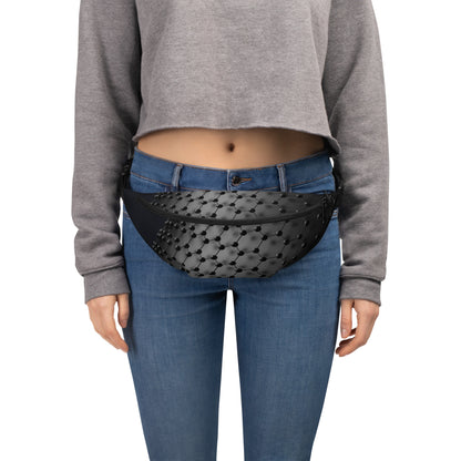 Sleek black HFT Fanny Pack II with a distinctive 3D dot pattern, featuring a durable zip closure and an adjustable waist strap, isolated on a white background