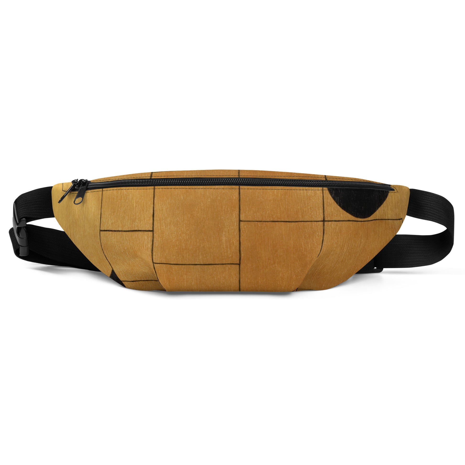 Stylish HFT Fanny Pack III in camel brown with a black abstract design, featuring a large zippered compartment and a durable, adjustable black strap, against a clear background