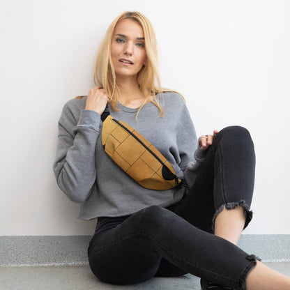 Stylish HFT Fanny Pack III in camel brown with a black abstract design, featuring a large zippered compartment and a durable, adjustable black strap, against a clear background female