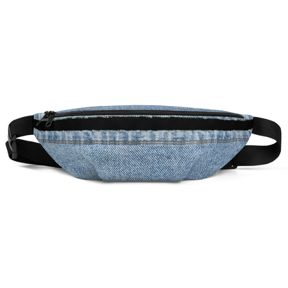 Classic blue denim HFT Fanny Pack IV with durable black zip and adjustable strap, showcasing a timeless design with a casual aesthetic, against a white background front