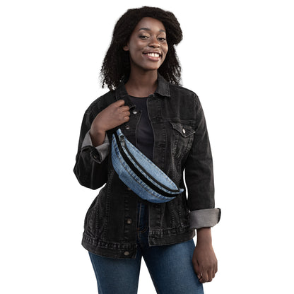 Classic blue denim HFT Fanny Pack IV with durable black zip and adjustable strap, showcasing a timeless design with a casual aesthetic, against a white background female stand front