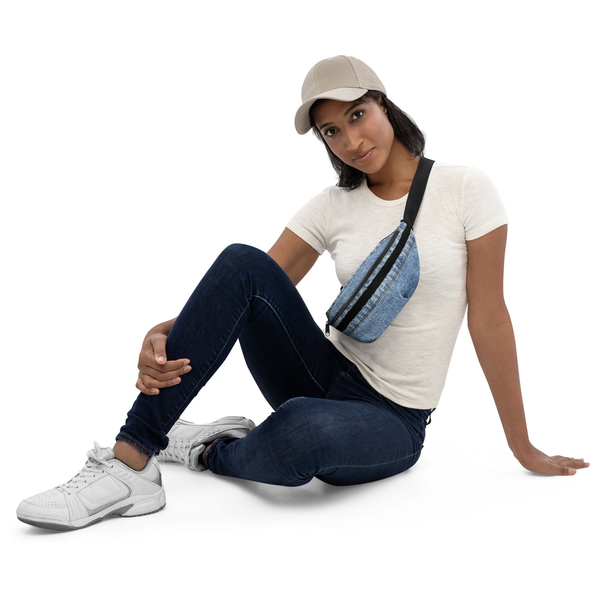 Classic blue denim HFT Fanny Pack IV with durable black zip and adjustable strap, showcasing a timeless design with a casual aesthetic, against a white background front