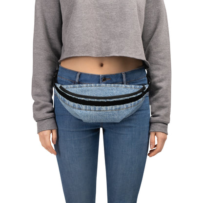 Classic blue denim HFT Fanny Pack IV with durable black zip and adjustable strap, showcasing a timeless design with a casual aesthetic, against a white background front