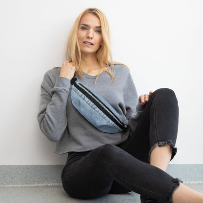 Classic blue denim HFT Fanny Pack IV with durable black zip and adjustable strap, showcasing a timeless design with a casual aesthetic, against a white background FEMALE