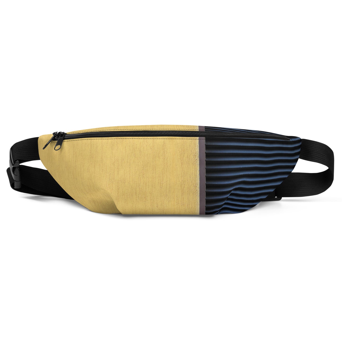 Stylish HFT Fanny Pack V with adjustable straps featuring a mustard-yellow canvas front, navy-blue pleated detail, and the HFT logo on the back front