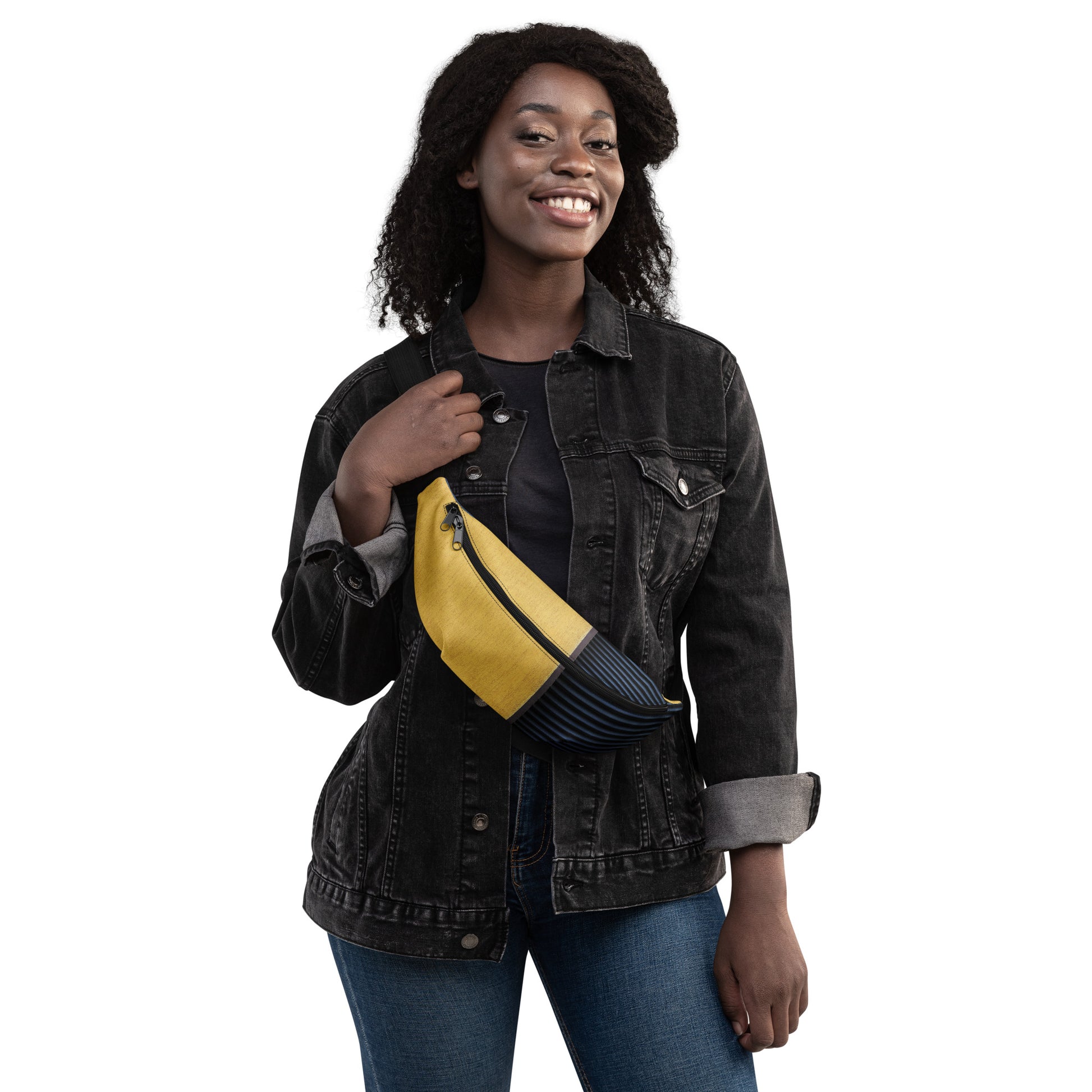 Stylish HFT Fanny Pack V with adjustable straps featuring a mustard-yellow canvas front, navy-blue pleated detail, and the HFT logo on the back female