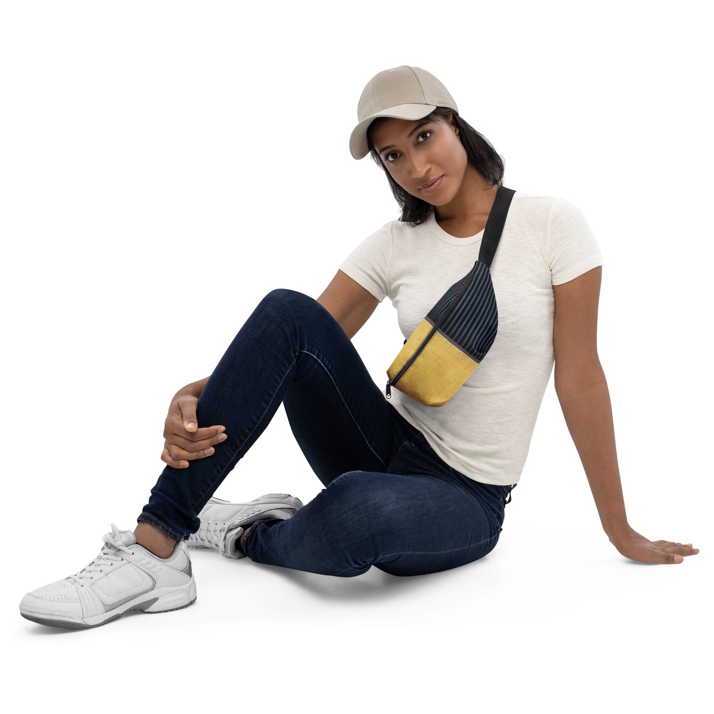 Stylish HFT Fanny Pack V with adjustable straps featuring a mustard-yellow canvas front, navy-blue pleated detail, and the HFT logo on the back female