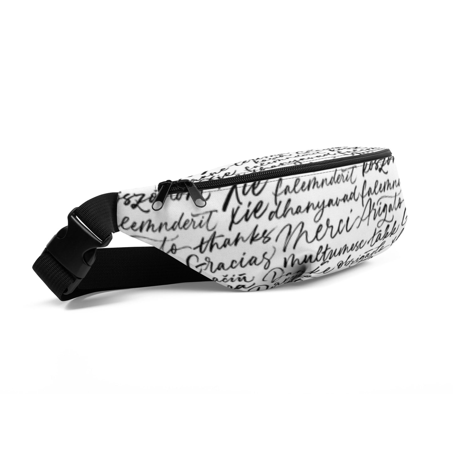 Stylish HFT Fanny Pack with adjustable black straps and a multilingual 'thank you' script pattern in a handwritten font on a white background, featuring a zippered compartment and a compact design left