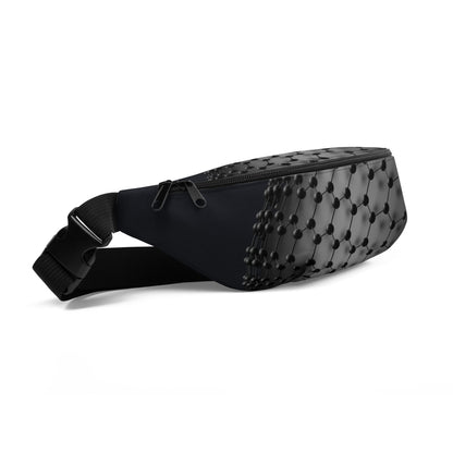 Sleek black HFT Fanny Pack II with a distinctive 3D dot pattern, featuring a durable zip closure and an adjustable waist strap, isolated on a white background left