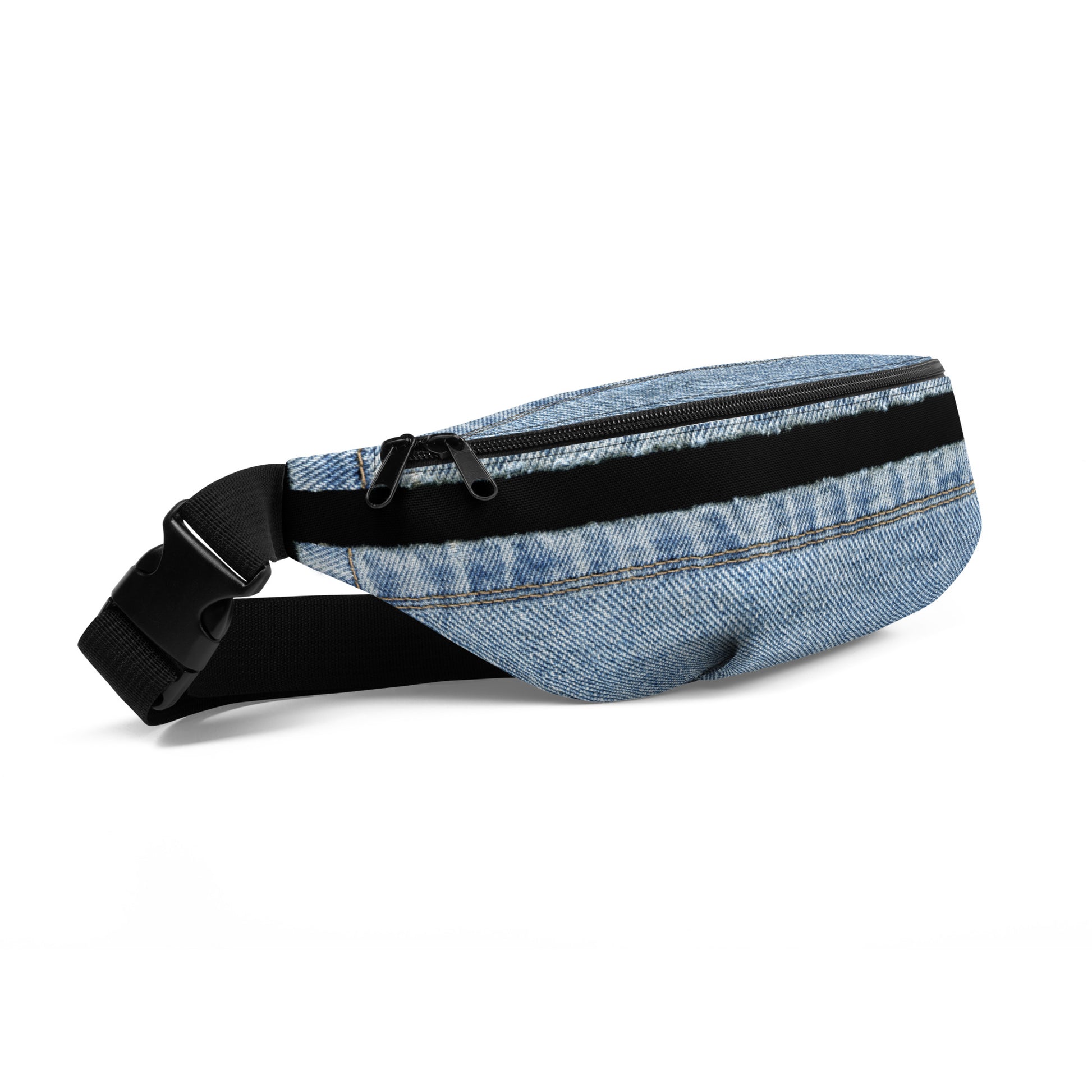 Classic blue denim HFT Fanny Pack IV with durable black zip and adjustable strap, showcasing a timeless design with a casual aesthetic, against a white background left