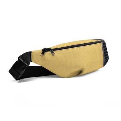 Stylish HFT Fanny Pack V with adjustable straps featuring a mustard-yellow canvas front, navy-blue pleated detail, and the HFT logo on the back female left