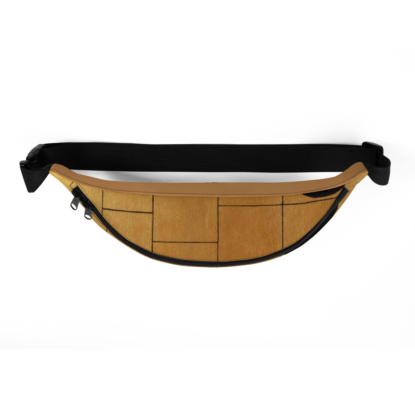 Stylish HFT Fanny Pack III in camel brown with a black abstract design, featuring a large zippered compartment and a durable, adjustable black strap, against a clear background top