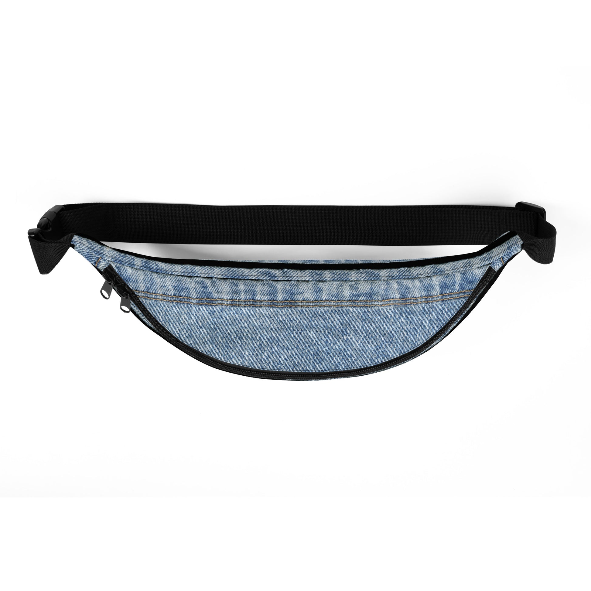 Classic blue denim HFT Fanny Pack IV with durable black zip and adjustable strap, showcasing a timeless design with a casual aesthetic, against a white background top