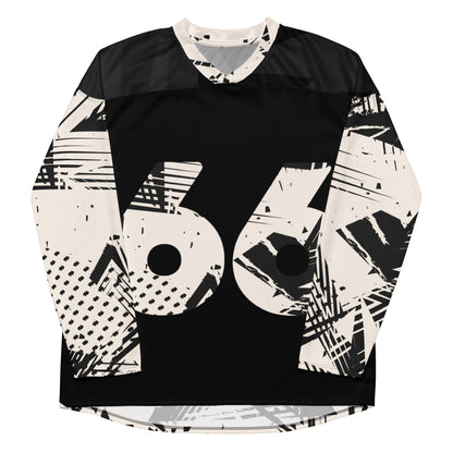 A stylized black hockey jersey with a bold, graphic design featuring the number 66 in large, white, distressed font prominently displayed on the front. The sleeves and shoulders are adorned with abstract black and white patterns, adding a modern touch to the athletic wear front