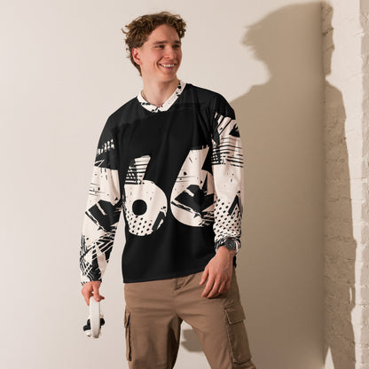 A stylized black hockey jersey with a bold, graphic design featuring the number 66 in large, white, distressed font prominently displayed on the front. The sleeves and shoulders are adorned with abstract black and white patterns, adding a modern touch to the athletic wear front male