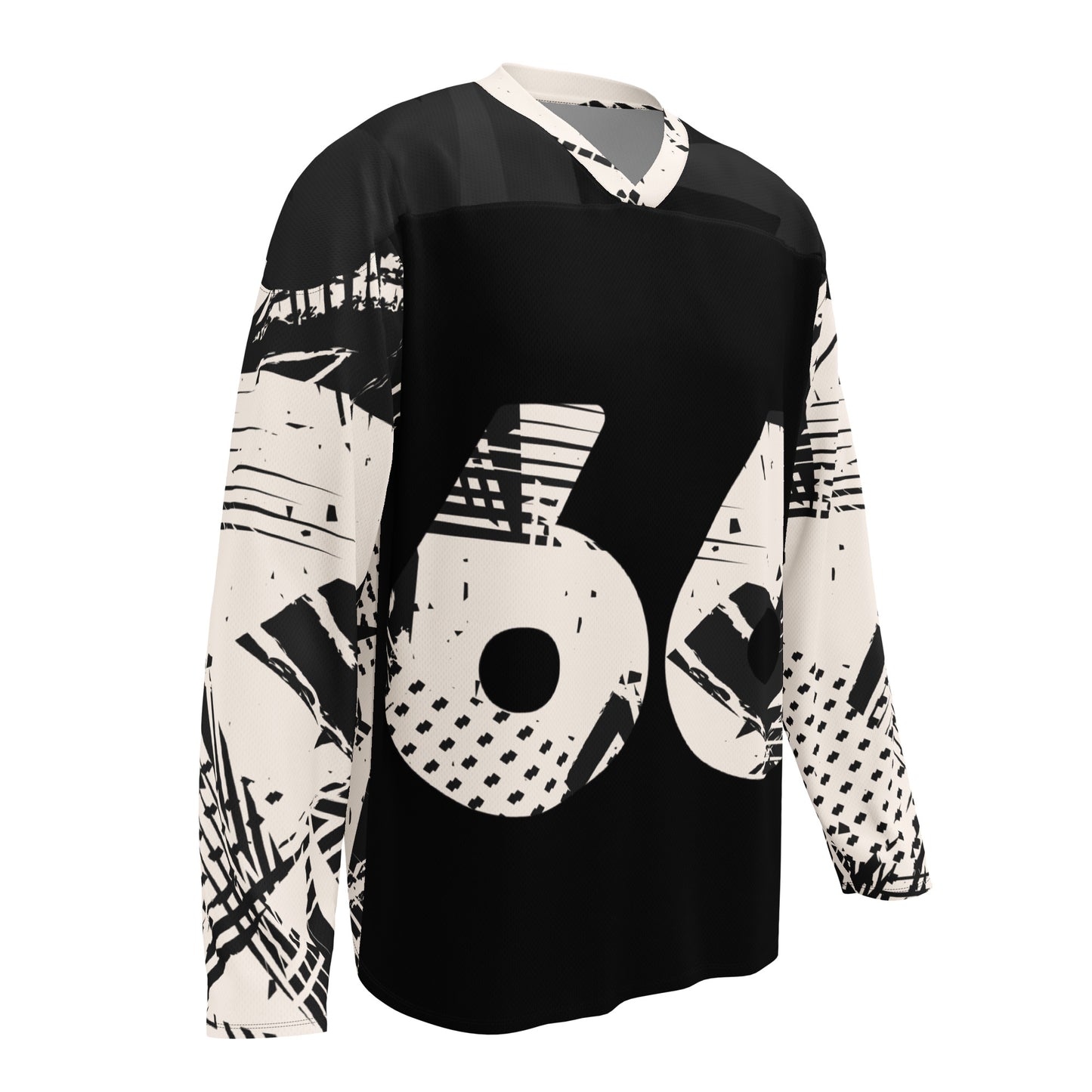 A stylized black hockey jersey with a bold, graphic design featuring the number 66 in large, white, distressed font prominently displayed on the front. The sleeves and shoulders are adorned with abstract black and white patterns, adding a modern touch to the athletic wear sample