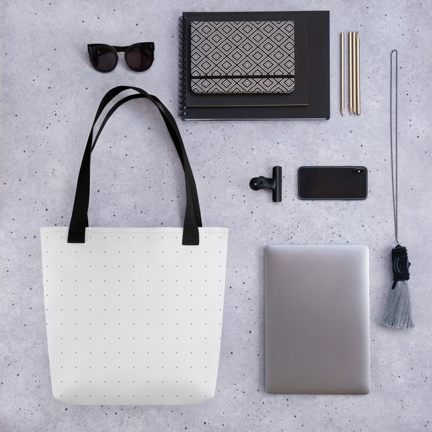 an HFT Tote Bag III, showcasing the bag's spacious and trendy design with a polka dot pattern front