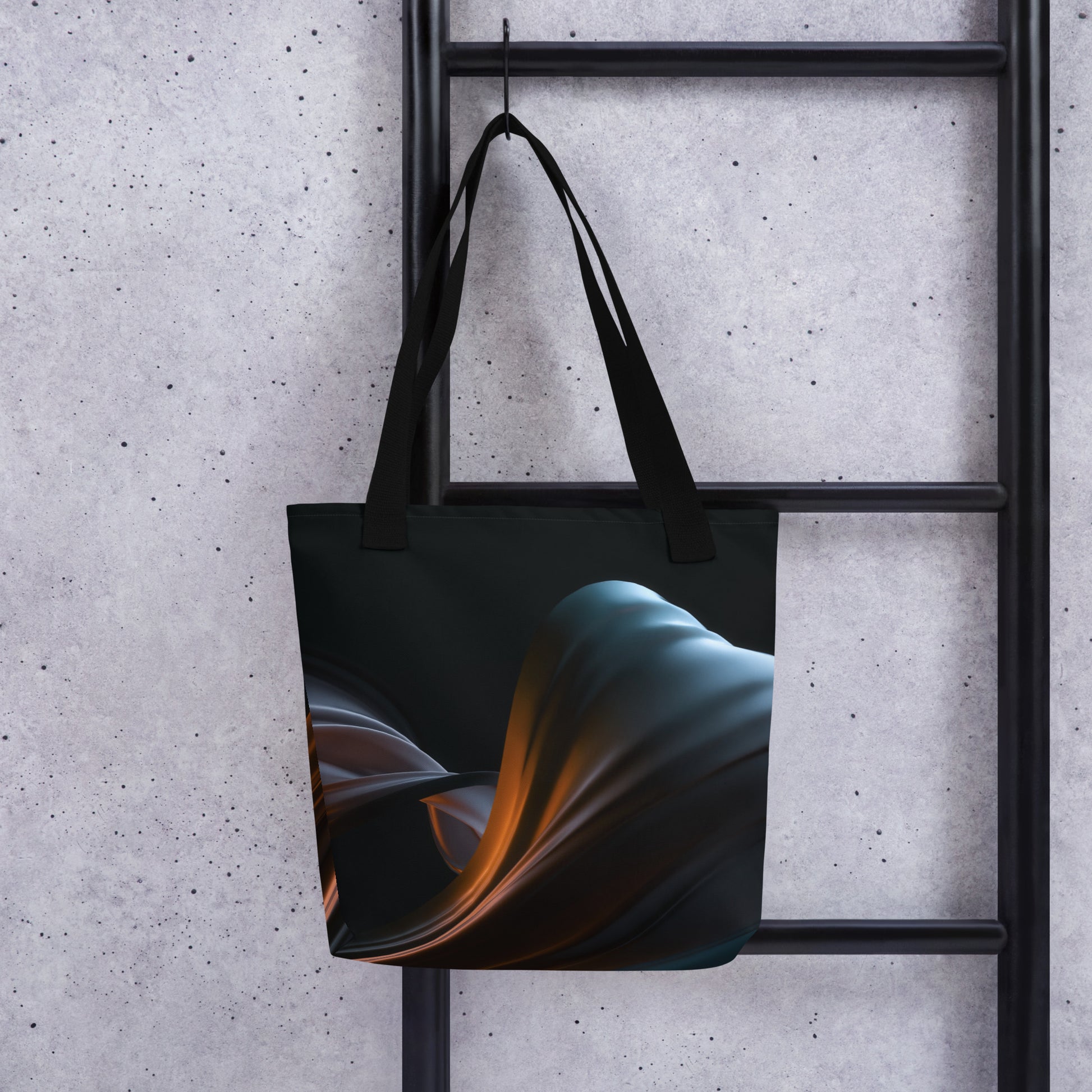  the HFT Tote Bag VI with an abstract artistic design in shades of blue and brown against a textured gray background.