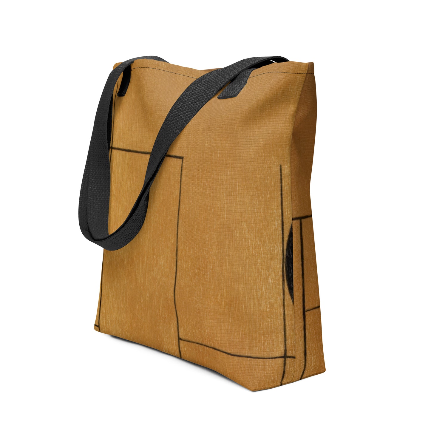 HFT Tote Bag I in a stylish camel brown color with black handles, shows off its spacious design and external pocket detail from right view