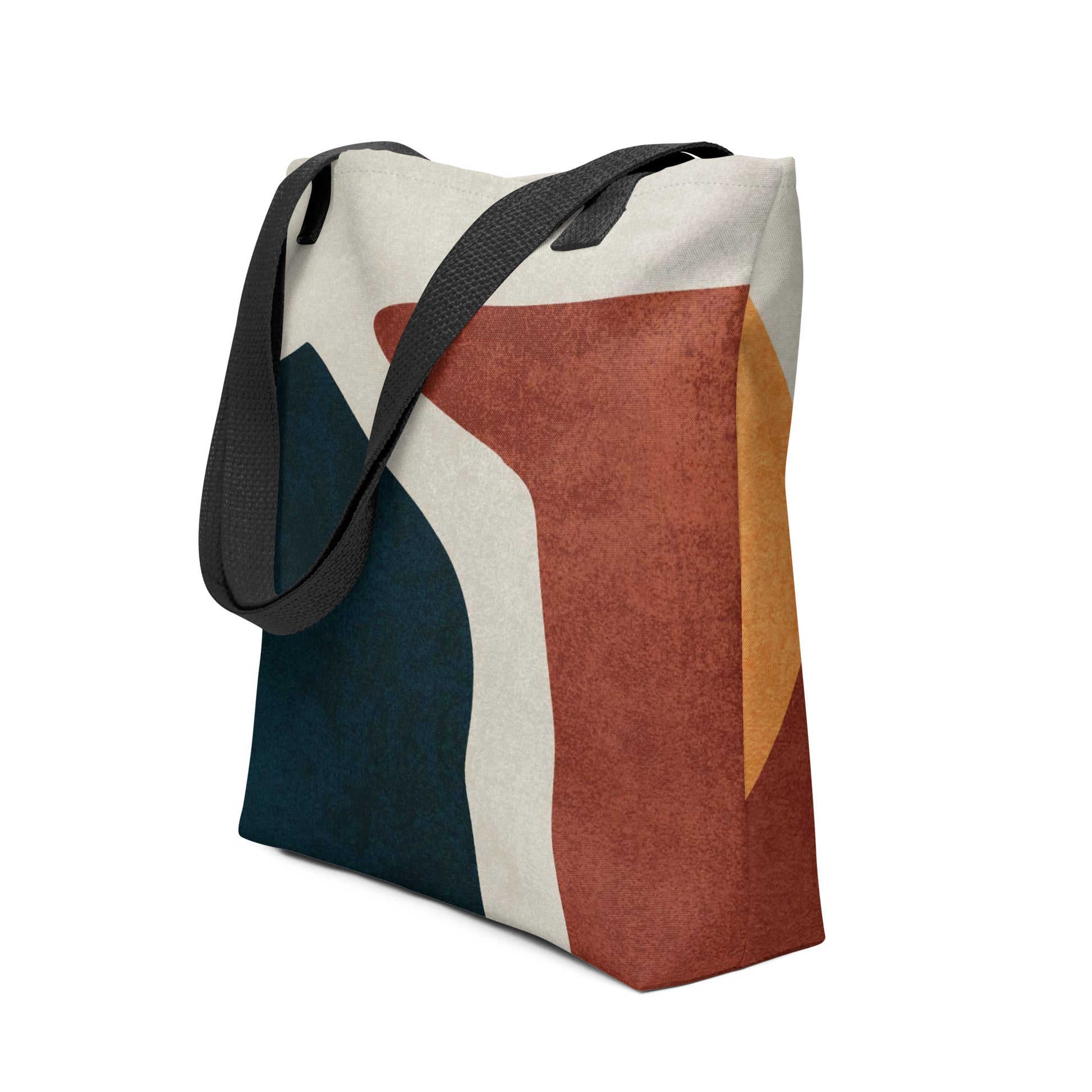 a HFT Tote Bag IV with abstract geometric design, showcasing rich earth tones front