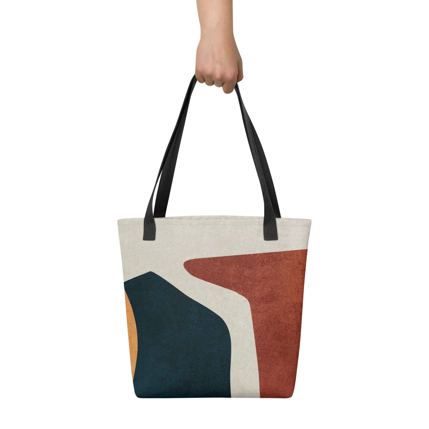 a HFT Tote Bag IV with abstract geometric design, showcasing rich earth tones front