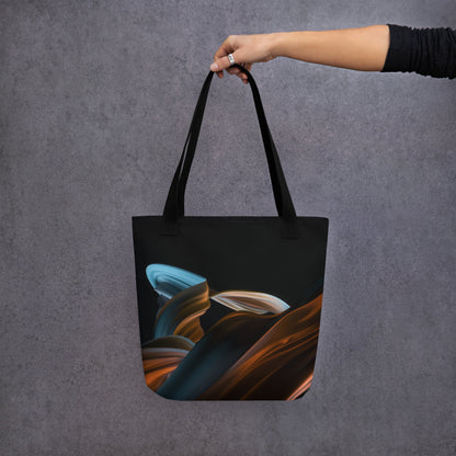 A person holding the HFT Tote Bag VI with an abstract artistic design in shades of blue and brown against a textured gray background.