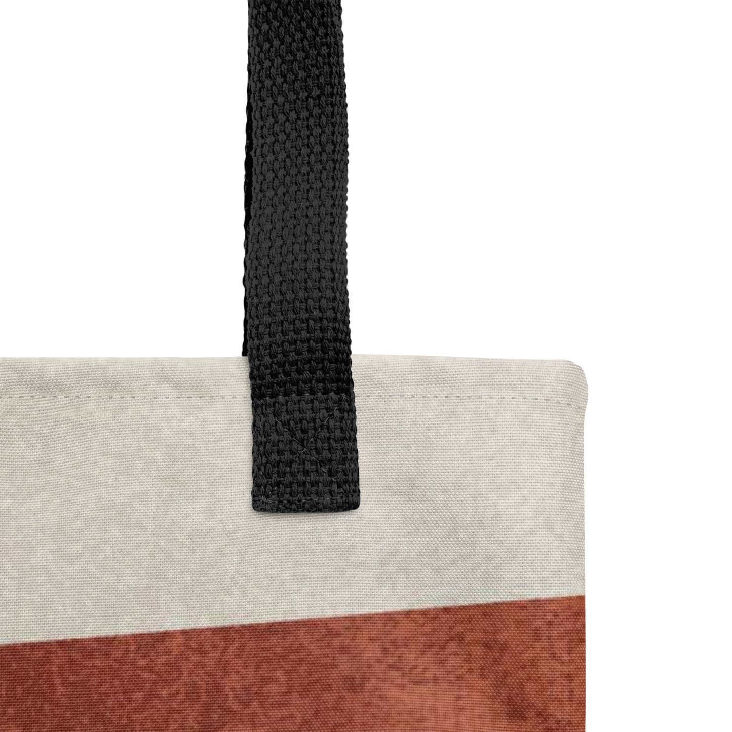 a HFT Tote Bag IV with abstract geometric design, showcasing rich earth tones setup against a textured gray background.