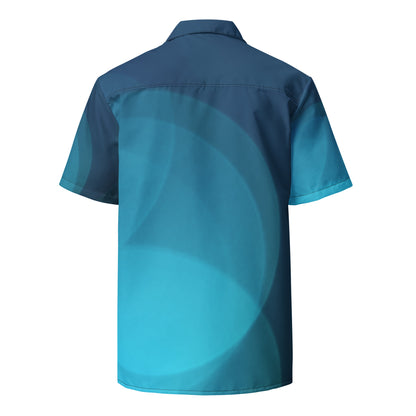 The HFT Unisex Button Shirt I in gradient shades of blue, designed with short sleeves and a sleek button-up front, made from lightweight, moisture-wicking fabric for ultimate summer comfort back