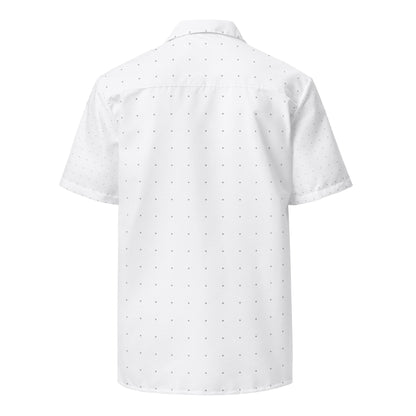 Crisp white unisex button-down shirt with a subtle black dot pattern, short sleeves, and a comfortable fit back